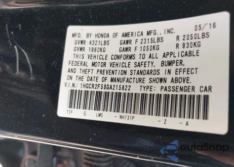 2016 Honda Accord Sport z USA, uszkodzony, nr VIN 1HGCR2F59GA215822